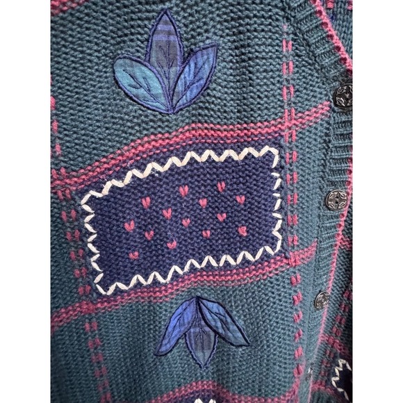 VTG Kathy Ireland Plaid Patch Sweater Cardigan L Embroidered Leaf Heritage - Picture 6 of 12